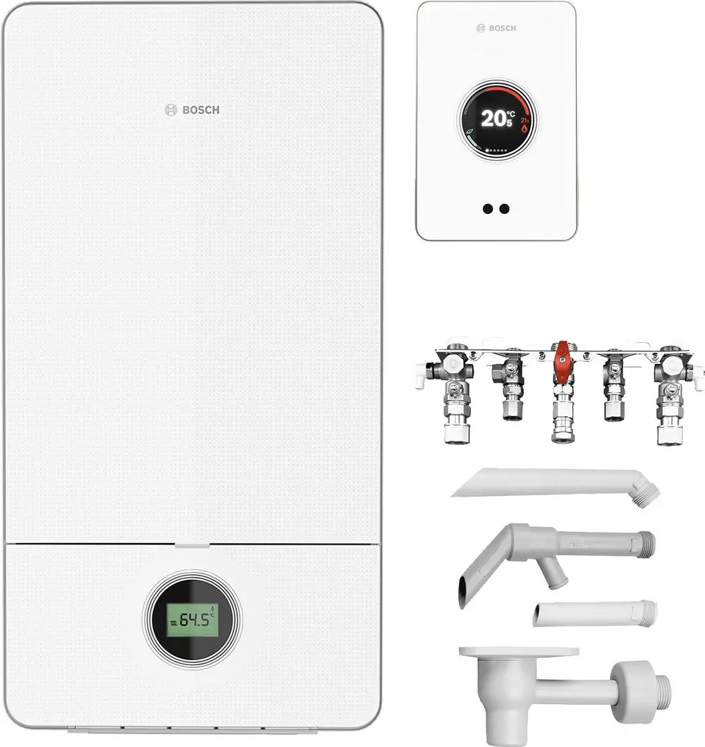 Bosch Gasheizgerät in weiß, digitaler Thermostat mit Temperaturanzeige, mehrere Anschlussstücke und Abgasrohre für die Installation.